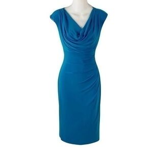 Ralph Lauren vibrant blue cowl neck pleated waist side sheath dress 6 AC11